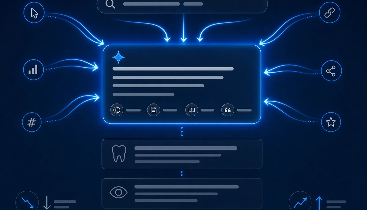 Diagram of a search results page: a glowing AI Overview answer card at the top with arrows converging into it and a row of source chips along its lower edge, while two dimmed results below (one marked with a tooth icon, one with an eye icon) receive only a thin dotted trickle. Small down and up arrows in the corners signal clicks falling and impressions rising.