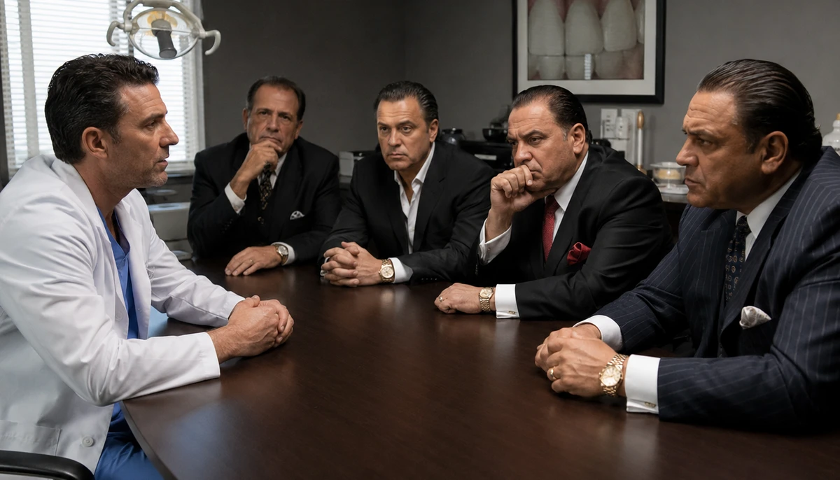 Editorial photograph of a dentist in a white coat sitting at one end of a dark conference table across from four men in business suits inside a dental clinic, evoking the moment a practice owner faces a private-equity acquisition pitch.