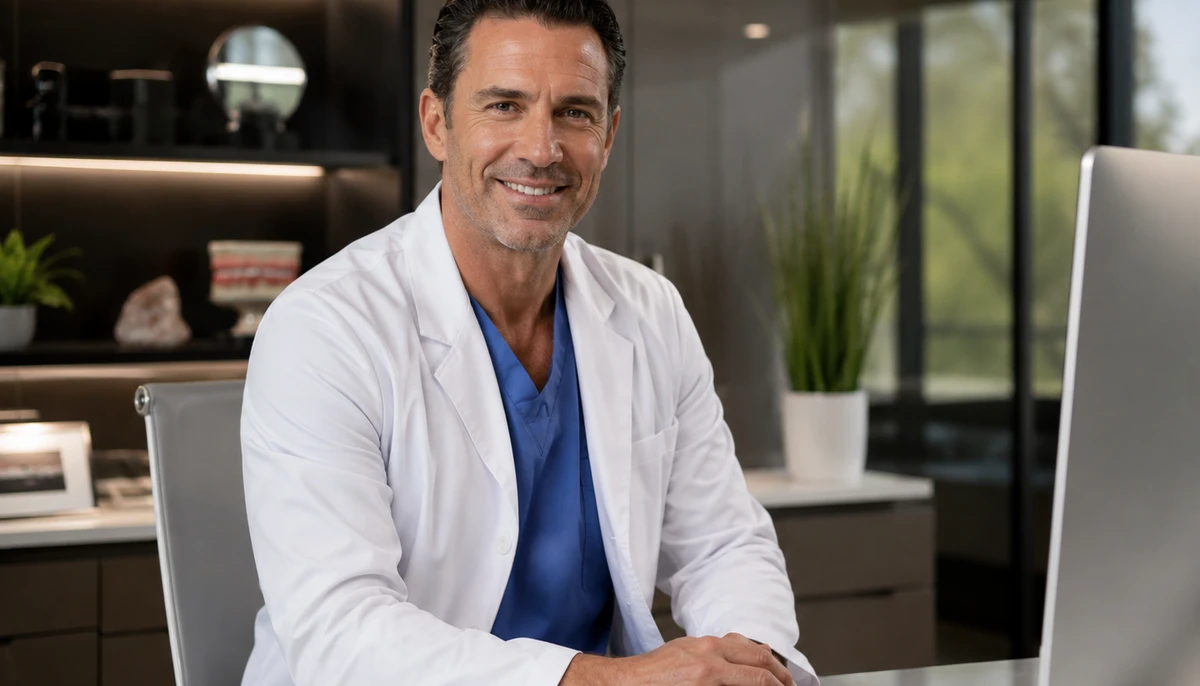 Editorial photograph of a dentist in a white coat sitting at a modern workstation in a sleek dental clinic interior, computer monitor visible to one side, projecting calm operational control of an independent practice.