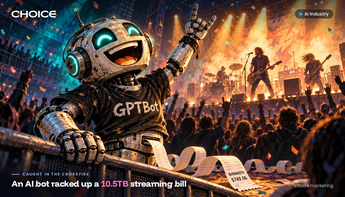 Illustration of a grinning robot in a torn GPTBot T-shirt at the front barrier of a rock concert, throwing a devil-horns salute while a long receipt reading Bandwidth $749.06 spills from its chest. Overlaid text reads: Caught in the crossfire. An AI bot racked up a 10.5TB streaming bill.