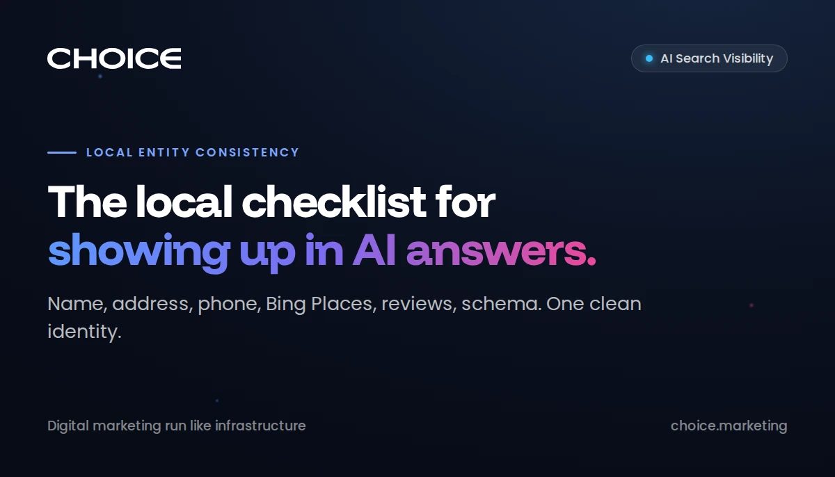 A local business's entity facts (name, address, phone, hours, category, reviews) shown as a checklist on the left, each row connected by lines into a single reconciled business card on the right that an AI answer names as its source.