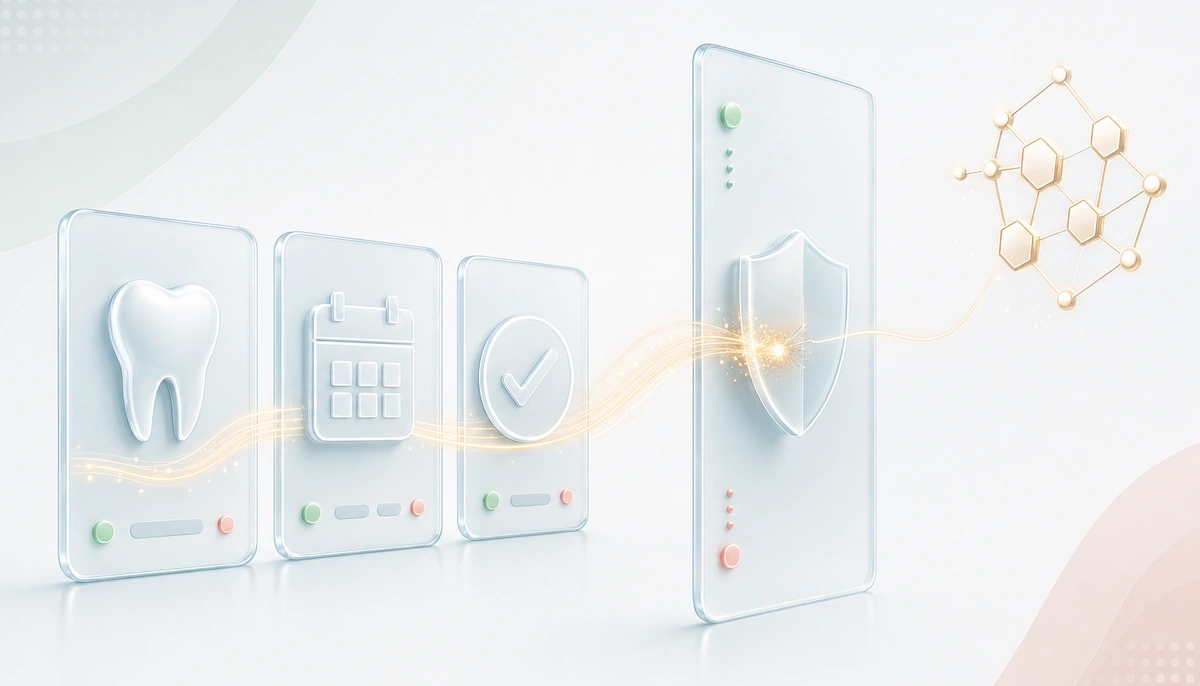 Editorial illustration of three translucent glass panels marked with a tooth, calendar, and checkmark icon, representing a healthcare website's condition, booking, and confirmation pages. A thin gold data thread runs along the panels toward a tall glass panel with a shield motif, where the thread sparks and is intercepted; a thinner strand continues past it to an abstract gold hexagonal node cluster in the upper right. Small green and coral accent dots sit on each panel, on a light background.