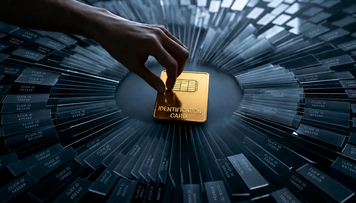 A hand places a golden identification card, styled like a chip credit card and labeled Identification Card, into the center of a radiating circle of translucent dark glass slabs. Each slab is etched with the words Click ID and a unique six-digit number, illustrating how a single ad click gets copied into many separate tracking identifiers.