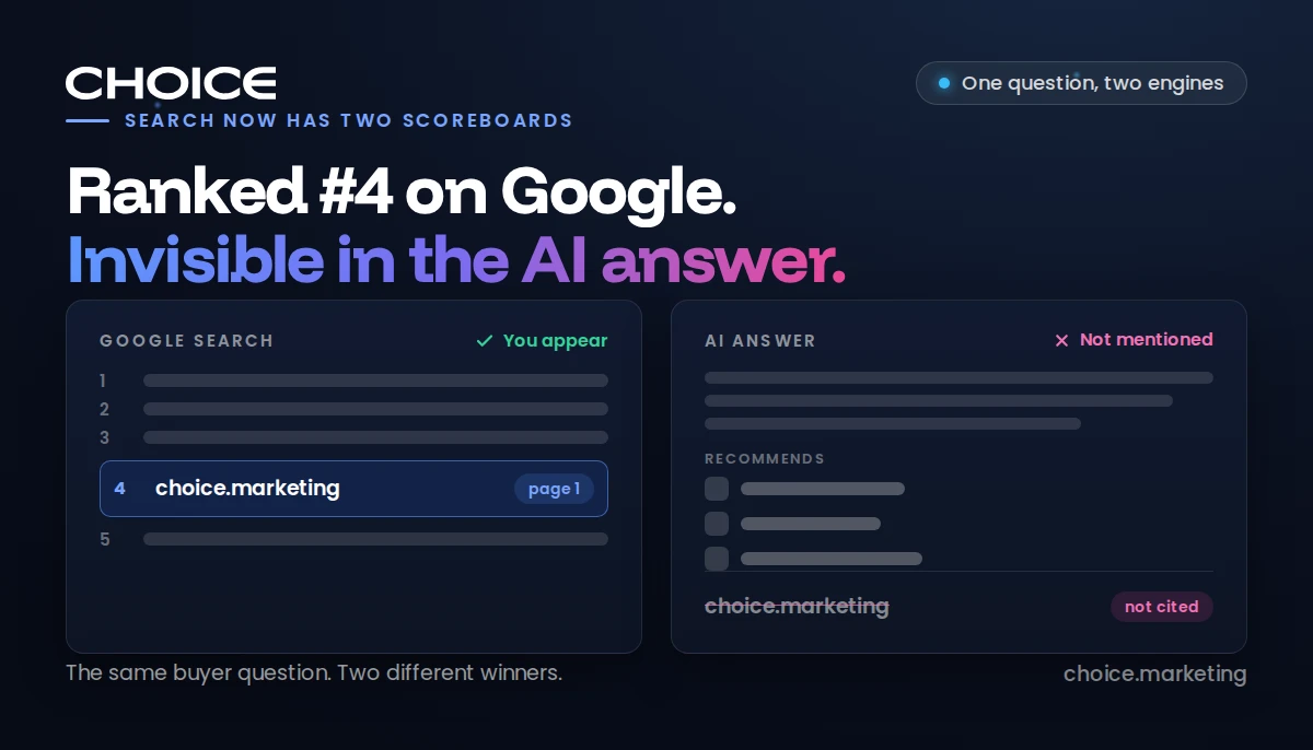 A split graphic comparing the same buyer question across two surfaces. On the left, a Google search result list shows choice.marketing ranked fourth and present on page one. On the right, an AI answer recommends three unnamed competitor sources and marks choice.marketing as not cited.
