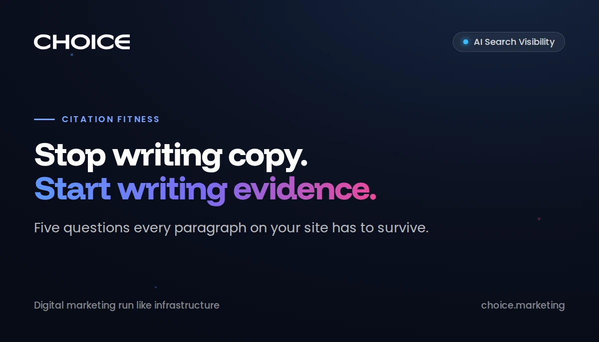 A single paragraph of website copy lifted out of a full web page and placed inside an AI answer bubble, with five checkmarks labelled completeness, freshness, authority, attribution, and entity clarity along the side.