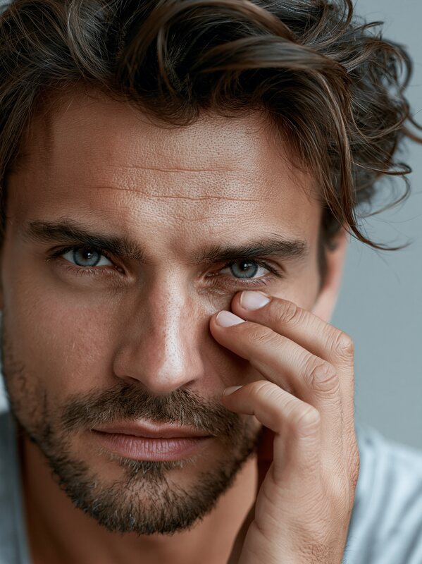 A close portrait of a man touching an irritated, dry eye