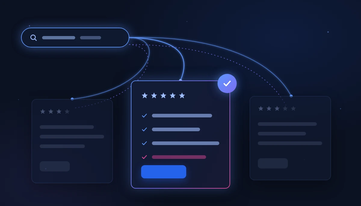 A search shortlist branching into three agency cards, with one five-star pick highlighted by a glowing checklist and checkmark.