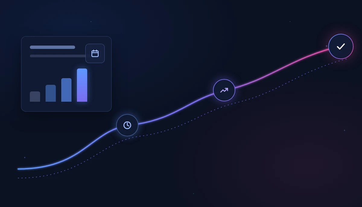 A rising gradient path through three milestone nodes, from a baseline report card to a completed checkmark at day 90.